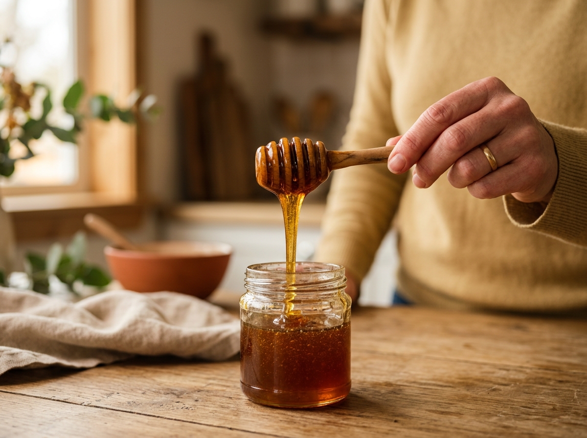 Close-up of a honey dipper lifting thick Manuka honey above a glass jar