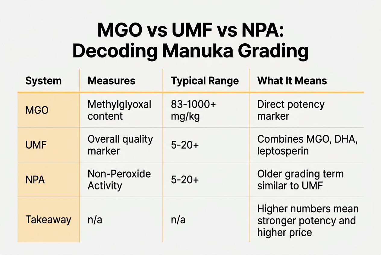 Infographic: Comparison chart titled MGO vs UMF vs NPA: Decoding Manuka Grading