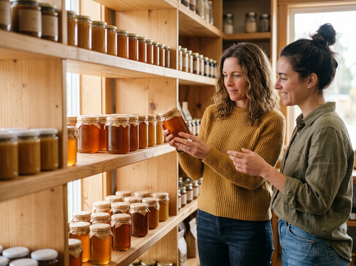 Rows of labeled Manuka honey jars with varying amber tones displayed on a wooden shelf