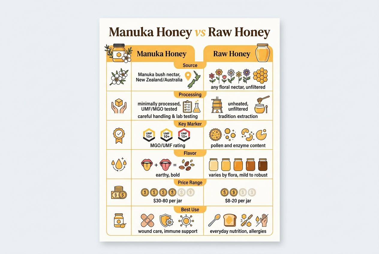 Infographic: Comparison table titled Manuka Honey vs Raw Honey