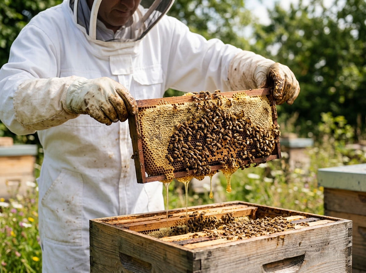 Beekeeper's gloved hands lifting a honeycomb frame dripping with thick unfiltered honey