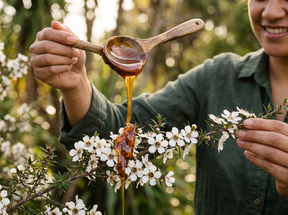 Close-up of dark manuka honey pouring from a wooden spoon over rustic white manuka flowers