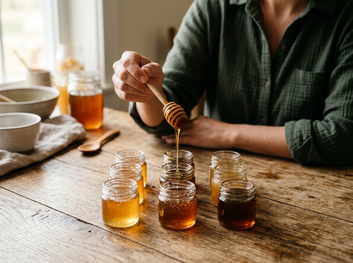 Wooden dipper drizzling nine distinct honey varieties into small glass tasting jars on farm table