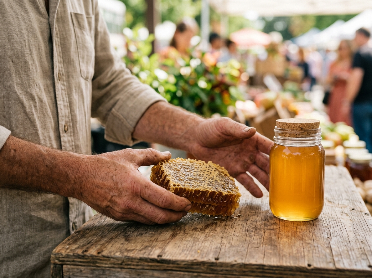Farmer's hands comparing raw honeycomb chunk beside filtered honey jar on rustic wooden table