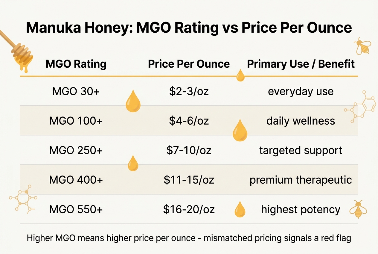 Infographic: Chart titled 'Manuka Honey: MGO Rating vs Price Per Ounce'