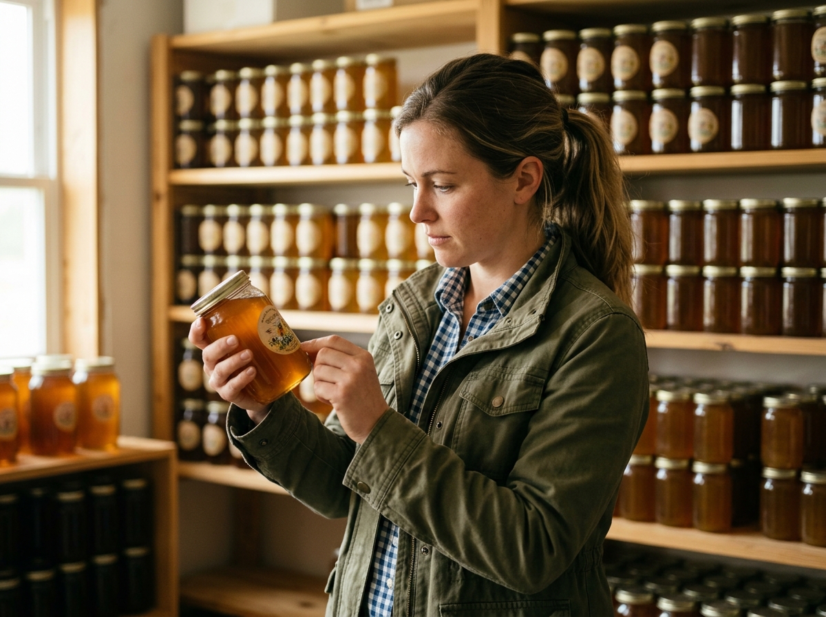 Farm worker examining a honey jar label closely beside stacked jars in a storage room