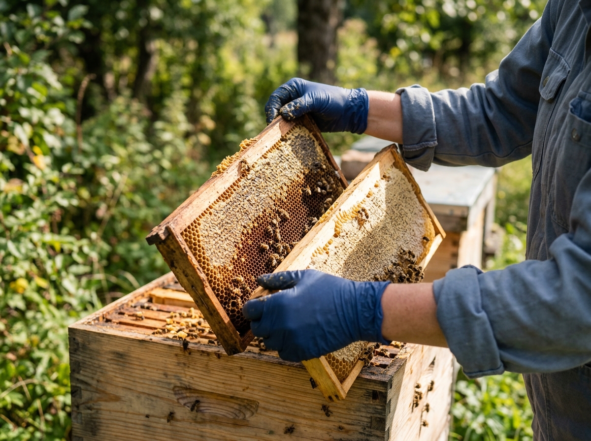 Close-up of hands comparing two honeycomb frames pulled from a wooden beehive outdoors