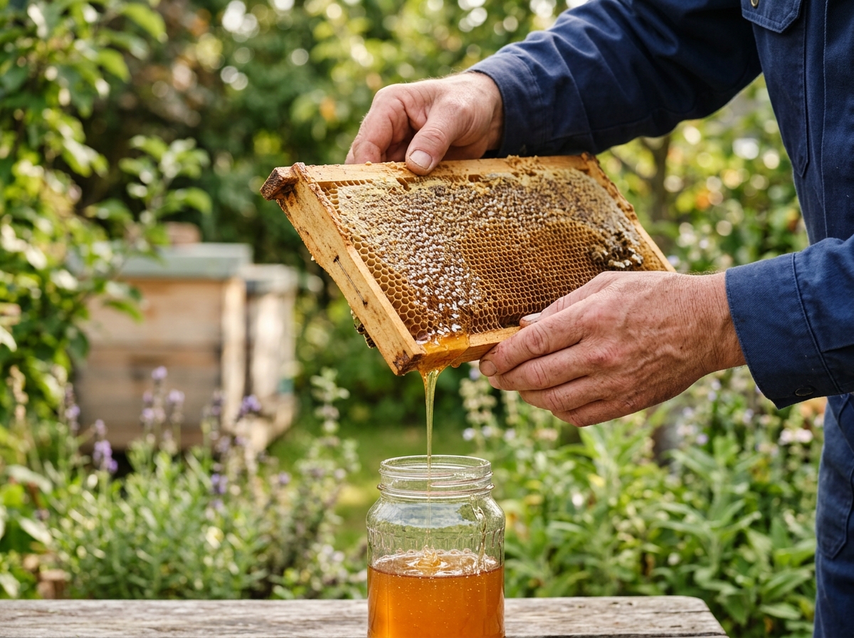 Close-up hands holding honeycomb frame dripping raw honey over a glass jar outdoors