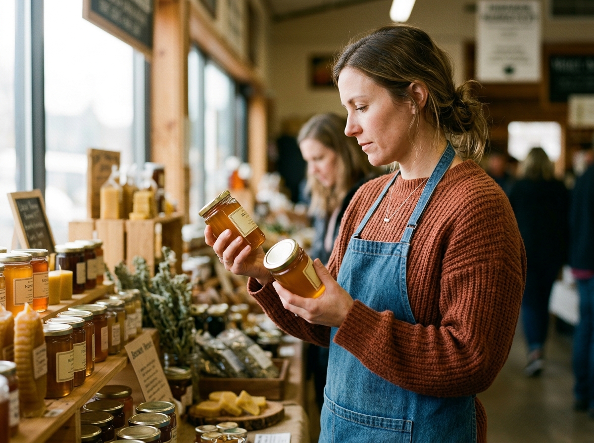 Shopper in market comparing two honey jars, reading labels closely under natural window light