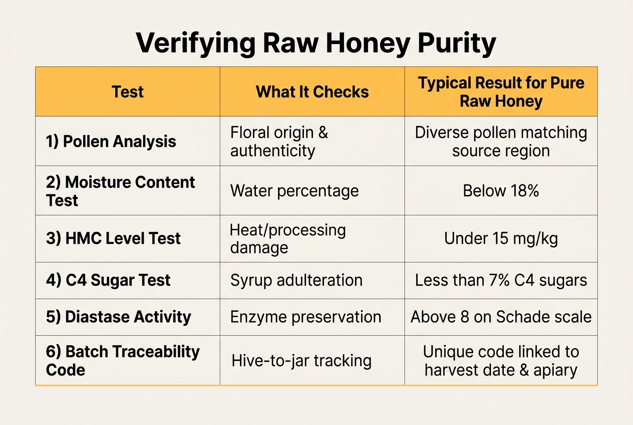 Infographic: Table titled 'Verifying Raw Honey Purity'