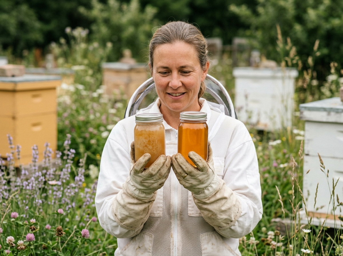 Beekeeper holding two honey jars side by side, comparing cloudy and clear textures outdoors