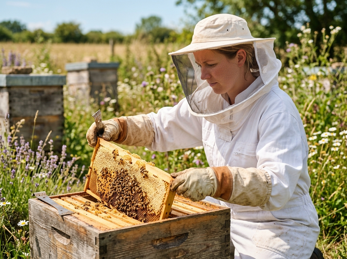 Beekeeper in veil and gloves extracting honeycomb frame from wooden hive in sunny apiary