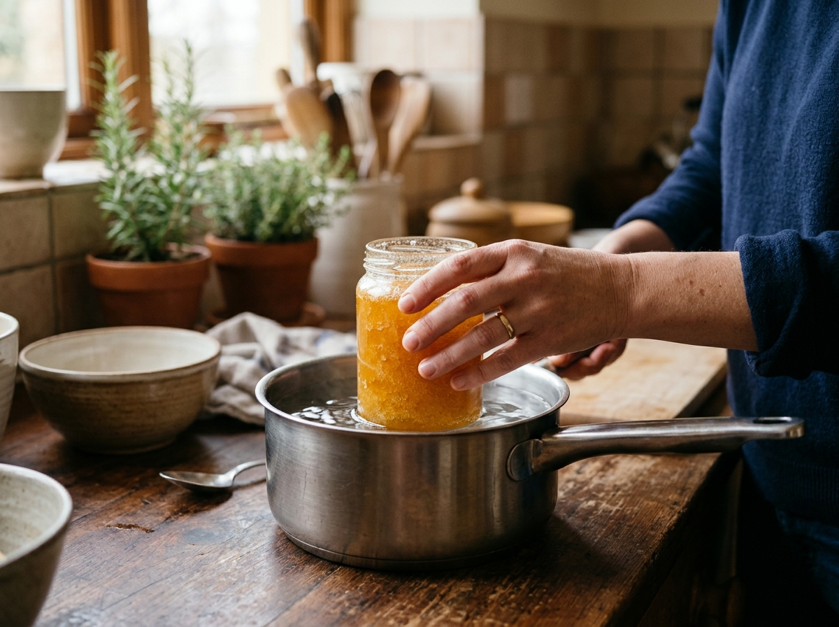 Close-up of a honey jar sitting in a warm water bath on kitchen counter, softening crystals