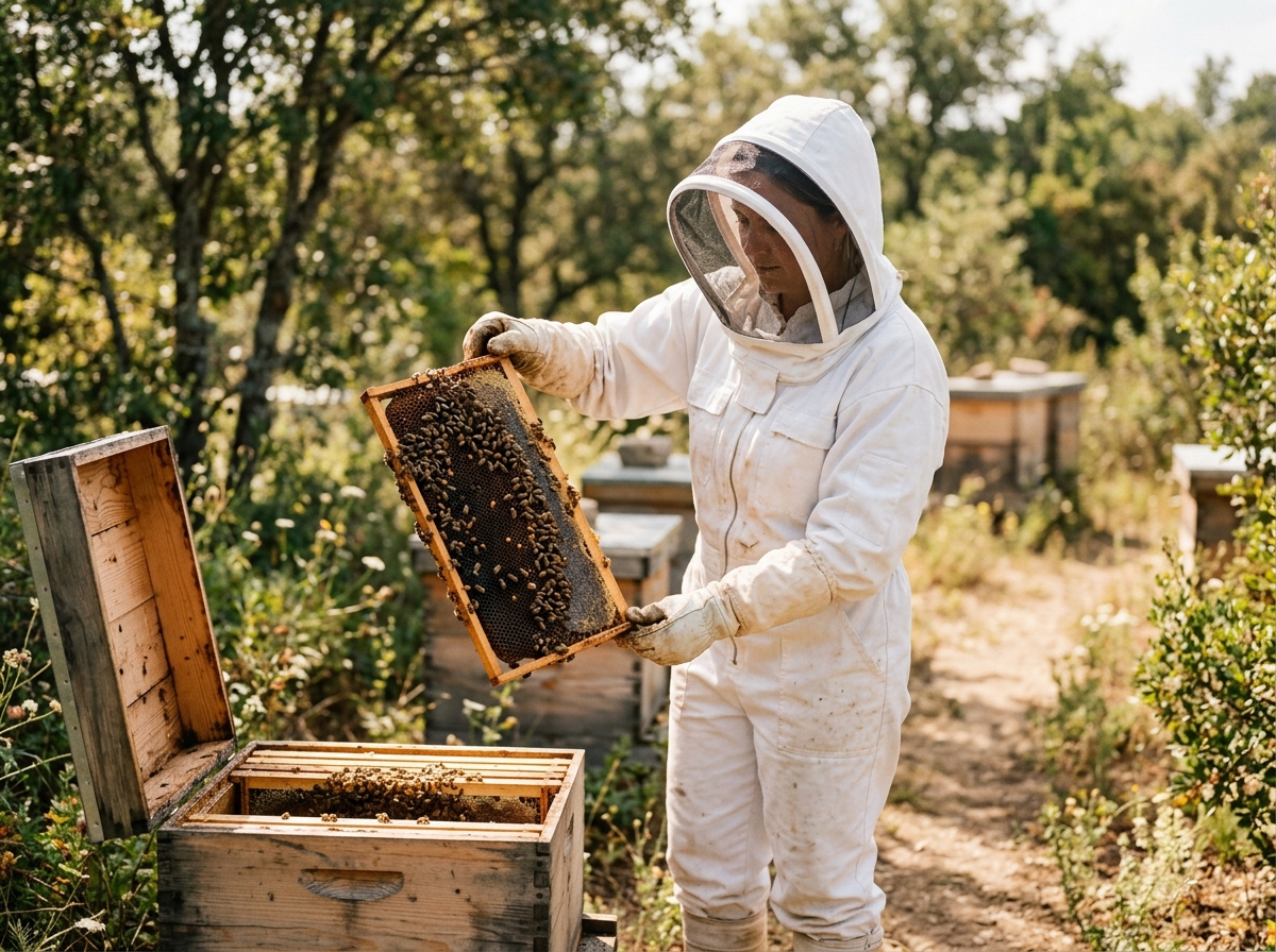 Beekeeper in veil inspecting frame dripping with dark raw honeycomb at outdoor apiary