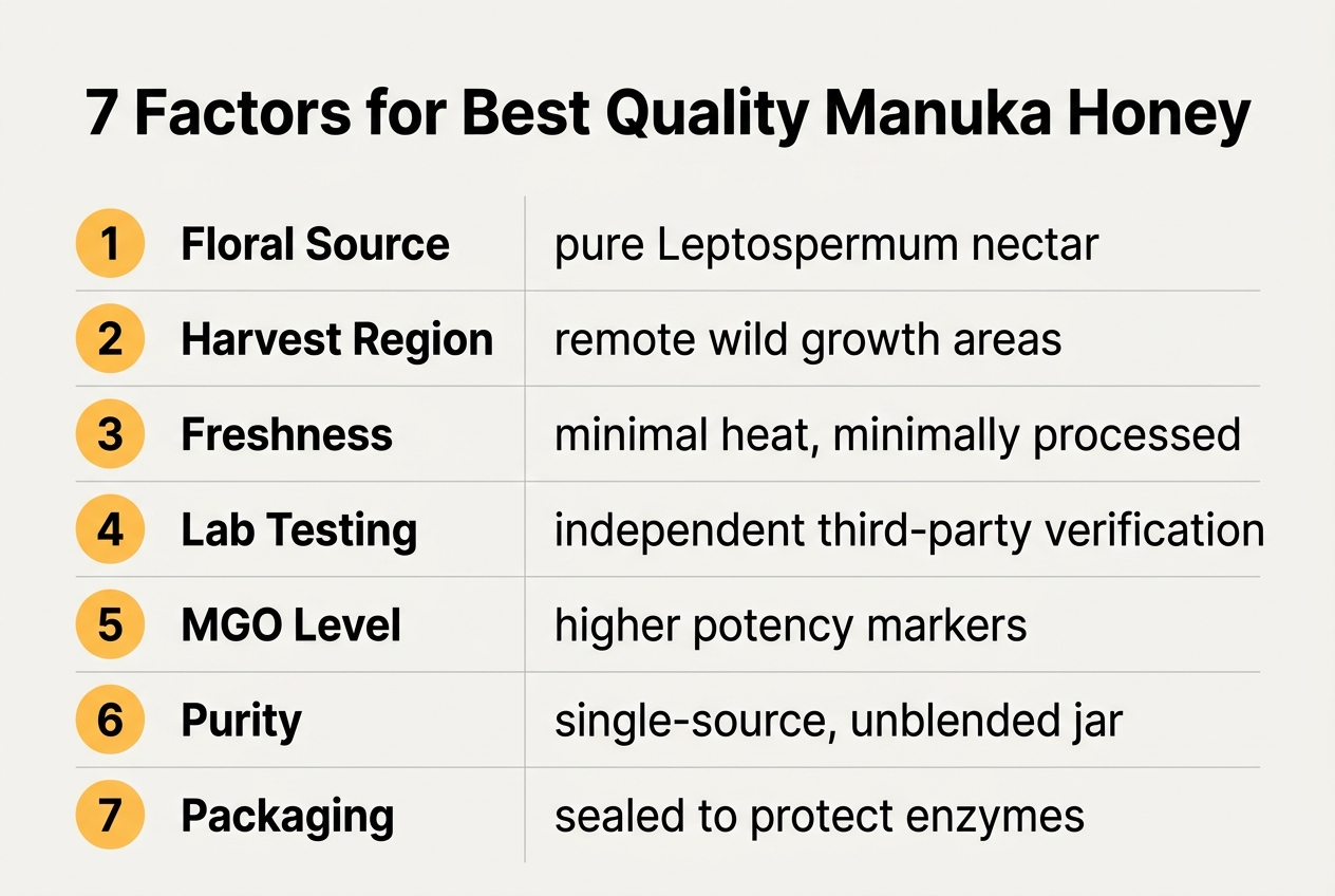 Infographic: Chart titled '7 Factors for Best Quality Manuka Honey'