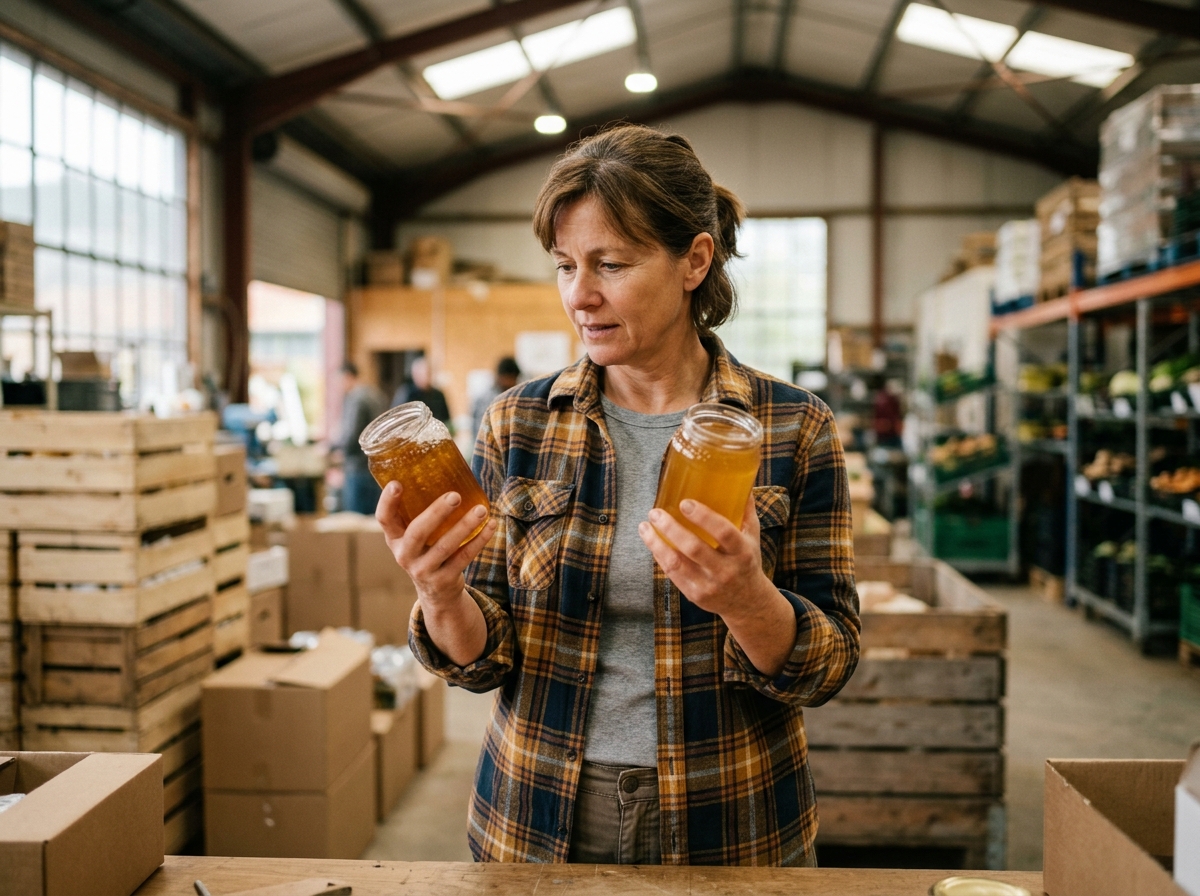 Farm worker comparing two honey jars side by side under bright warehouse lighting
