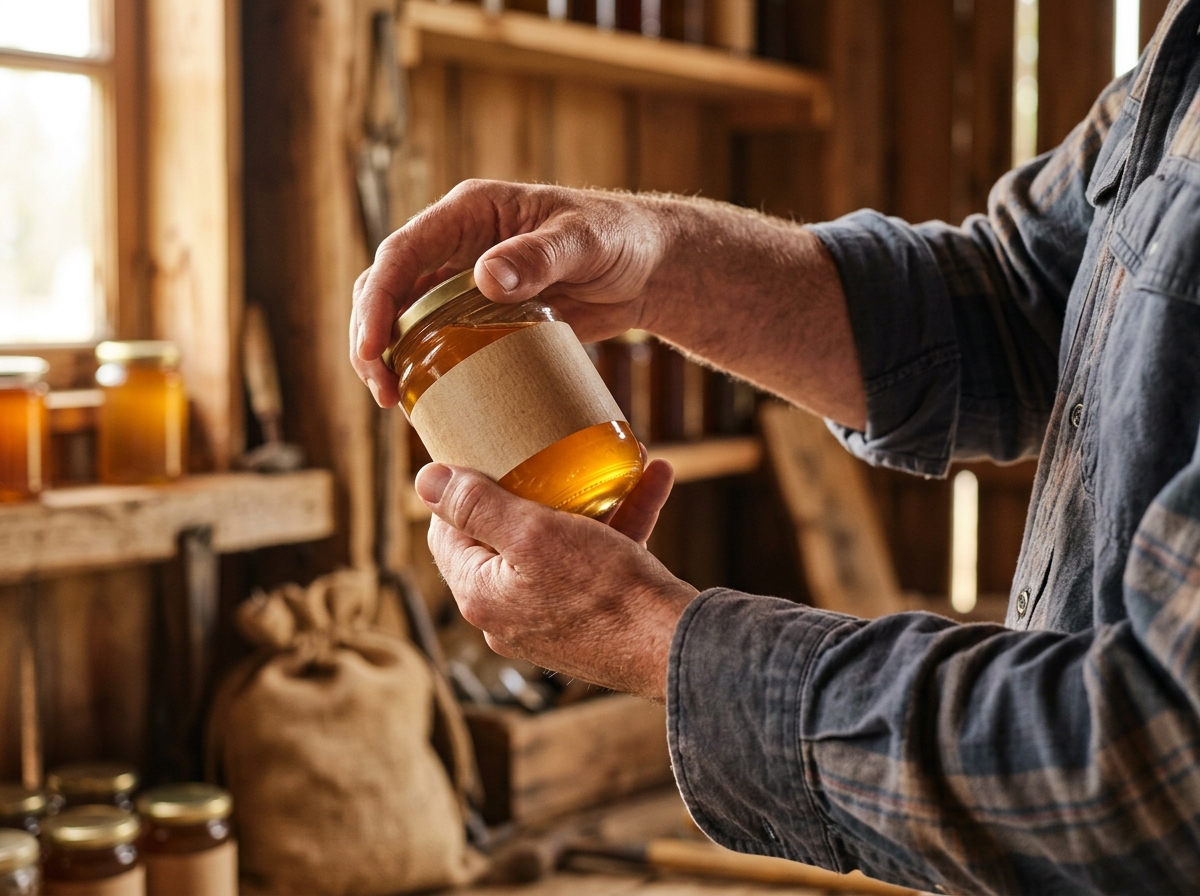 Farmer's hands inspecting honey jar label against sunlight inside rustic storage room