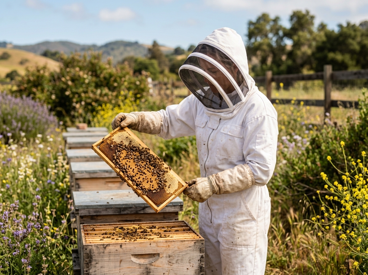 Beekeeper in veil and gloves checking wooden hive frames at California farm