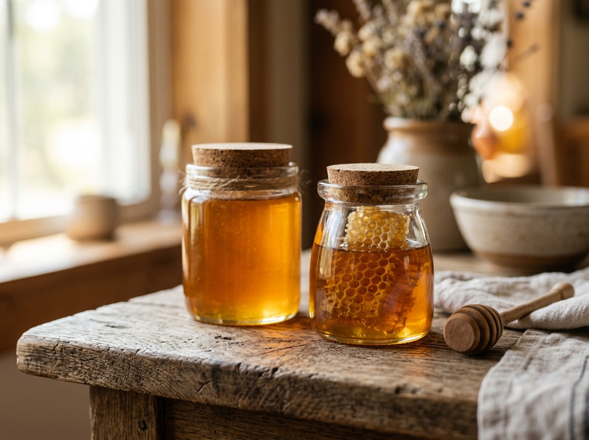 Close-up of raw honeycomb jar beside jarred honey on farmhouse table, natural light