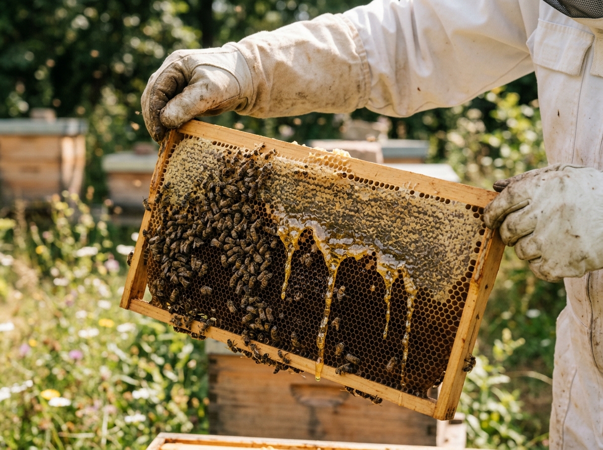 Beekeeper's gloved hands holding honeycomb frame dripping with golden raw honey outdoors