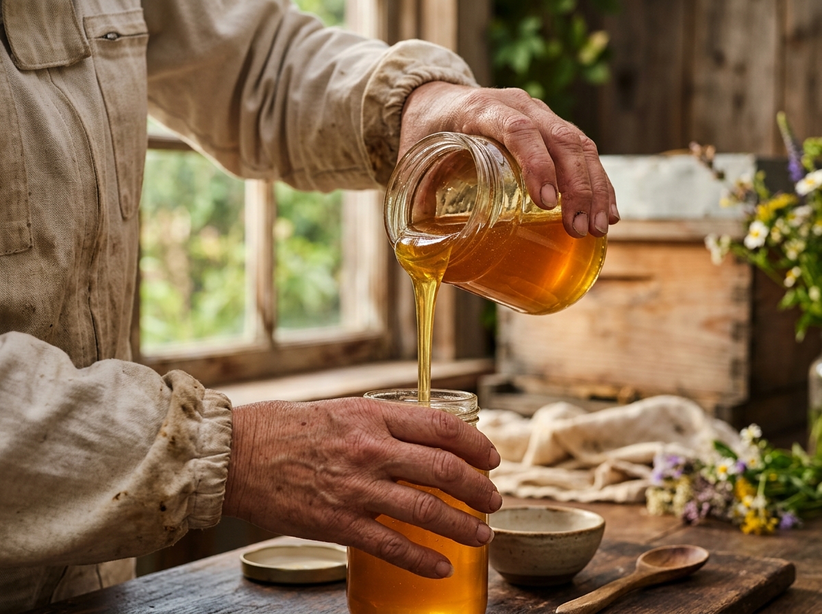 Beekeeper's hands tilting open honey jar, thick slow-pouring stream catching window light