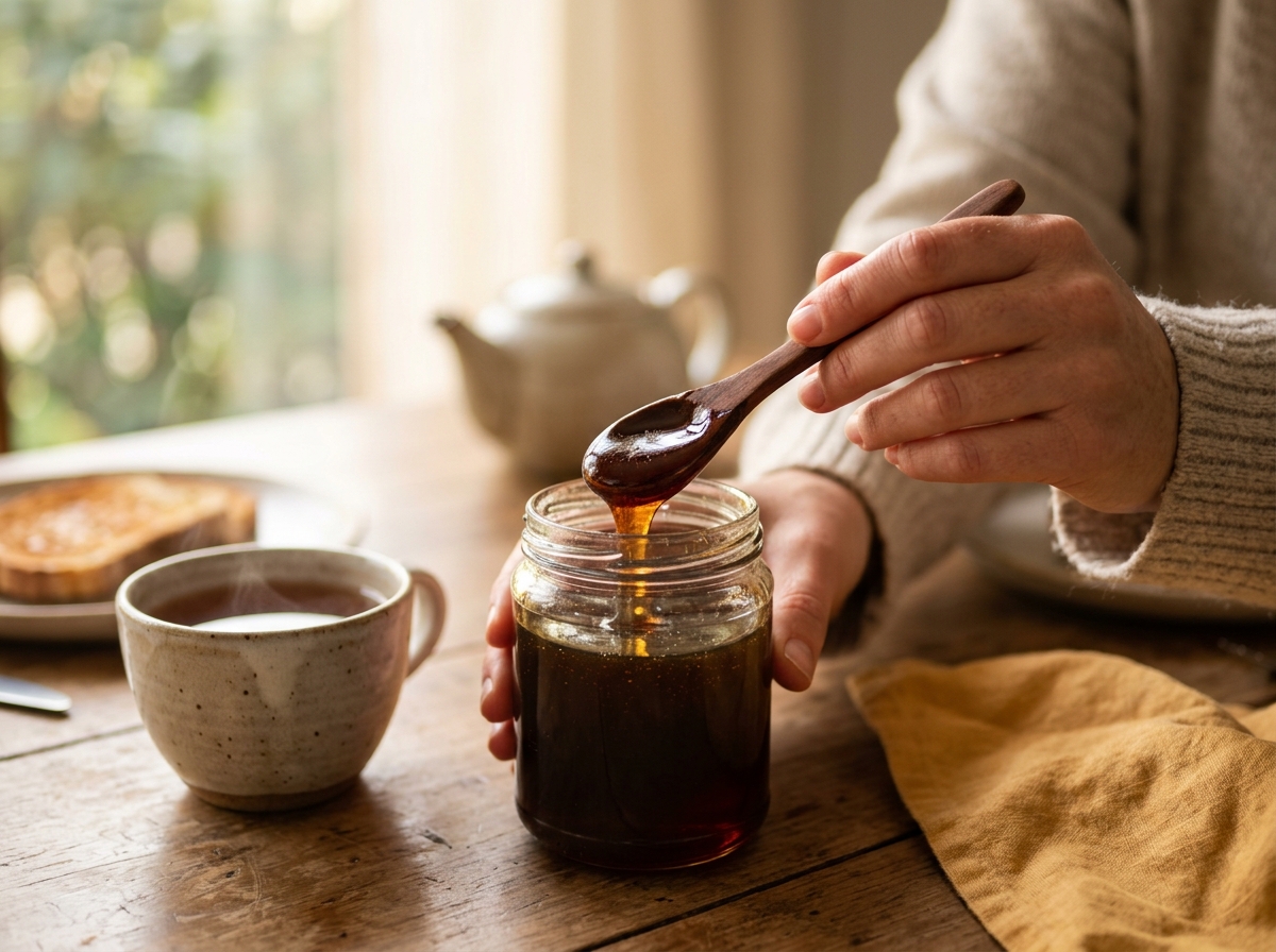 Spoon lifting dark caramel-toned Jarrah honey from jar beside tea cup, soft morning light