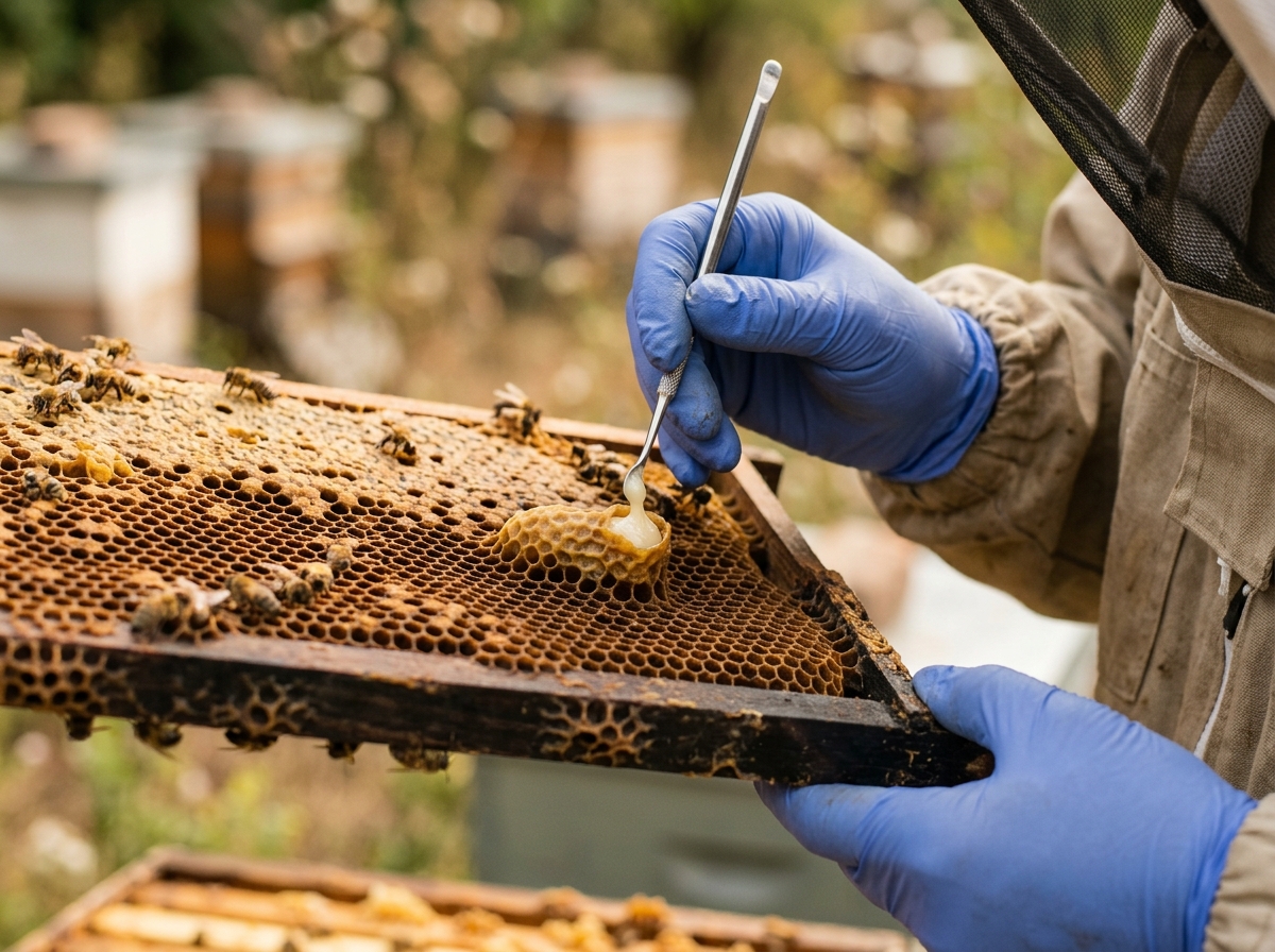 Gloved hand extracts creamy royal jelly from queen cell with fine grafting tool, close-up