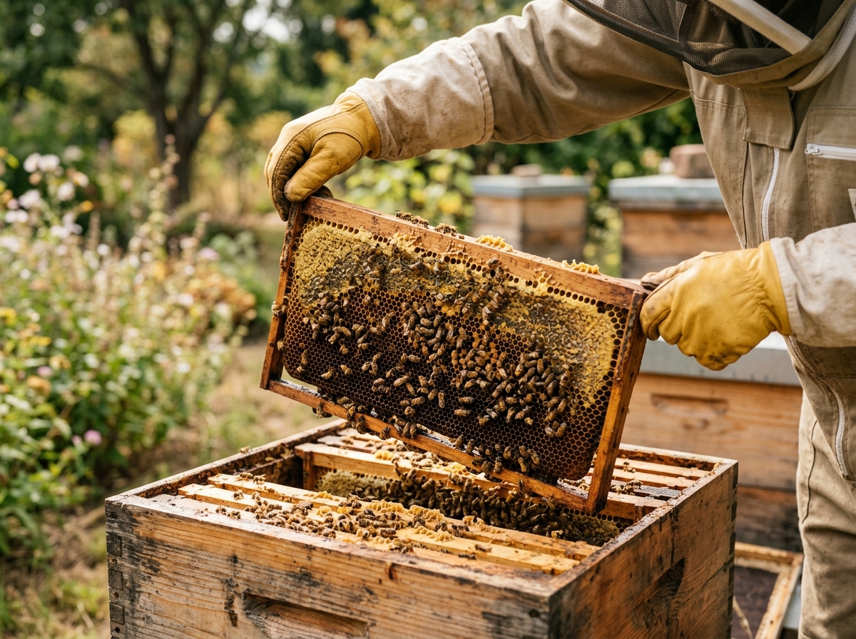 Beekeeper's gloved hands lifting a dripping honeycomb frame from a wooden hive box