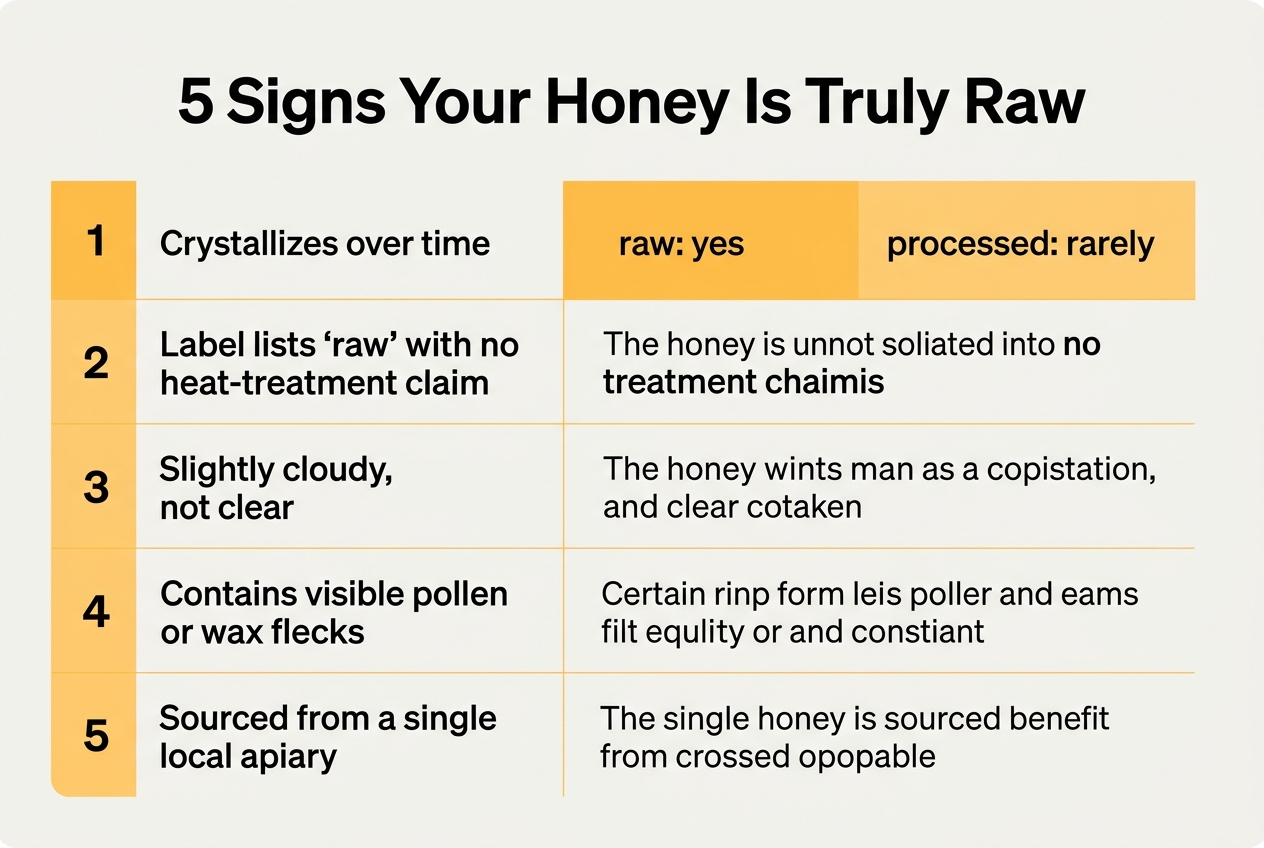 Infographic: Chart titled '5 Signs Your Honey Is Truly Raw'