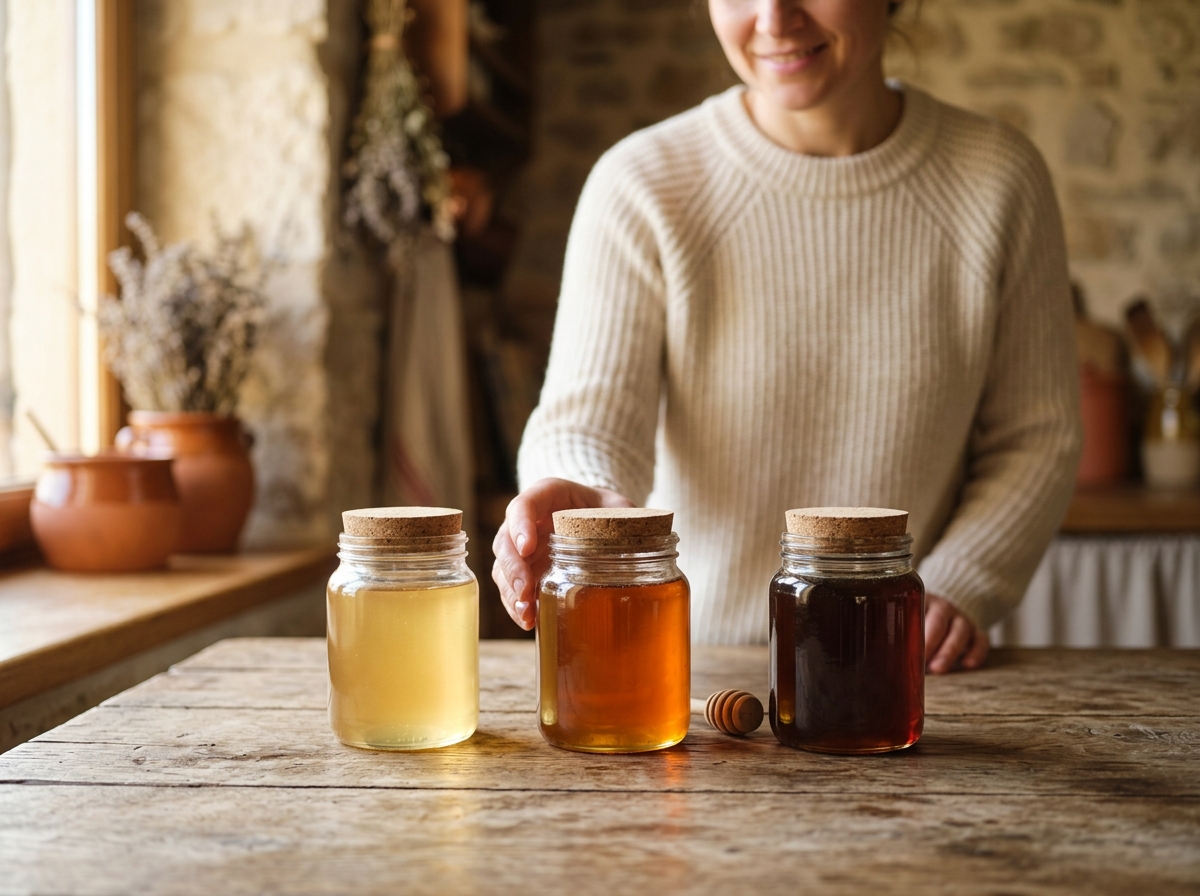 Three glass jars of honey in different shades—light, amber, dark—lined up on a rustic table