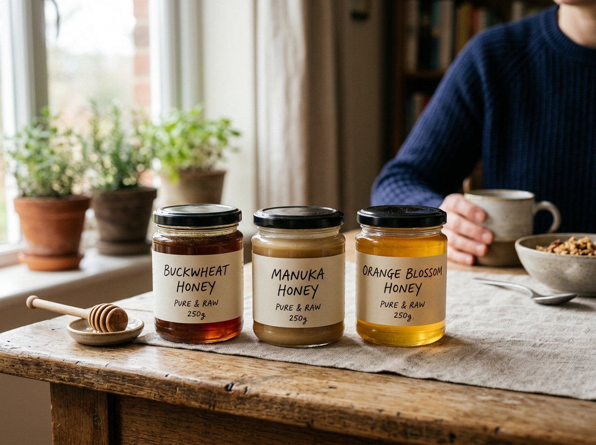 Three labeled glass jars of manuka, buckwheat, and orange blossom honey side by side on farmhouse table