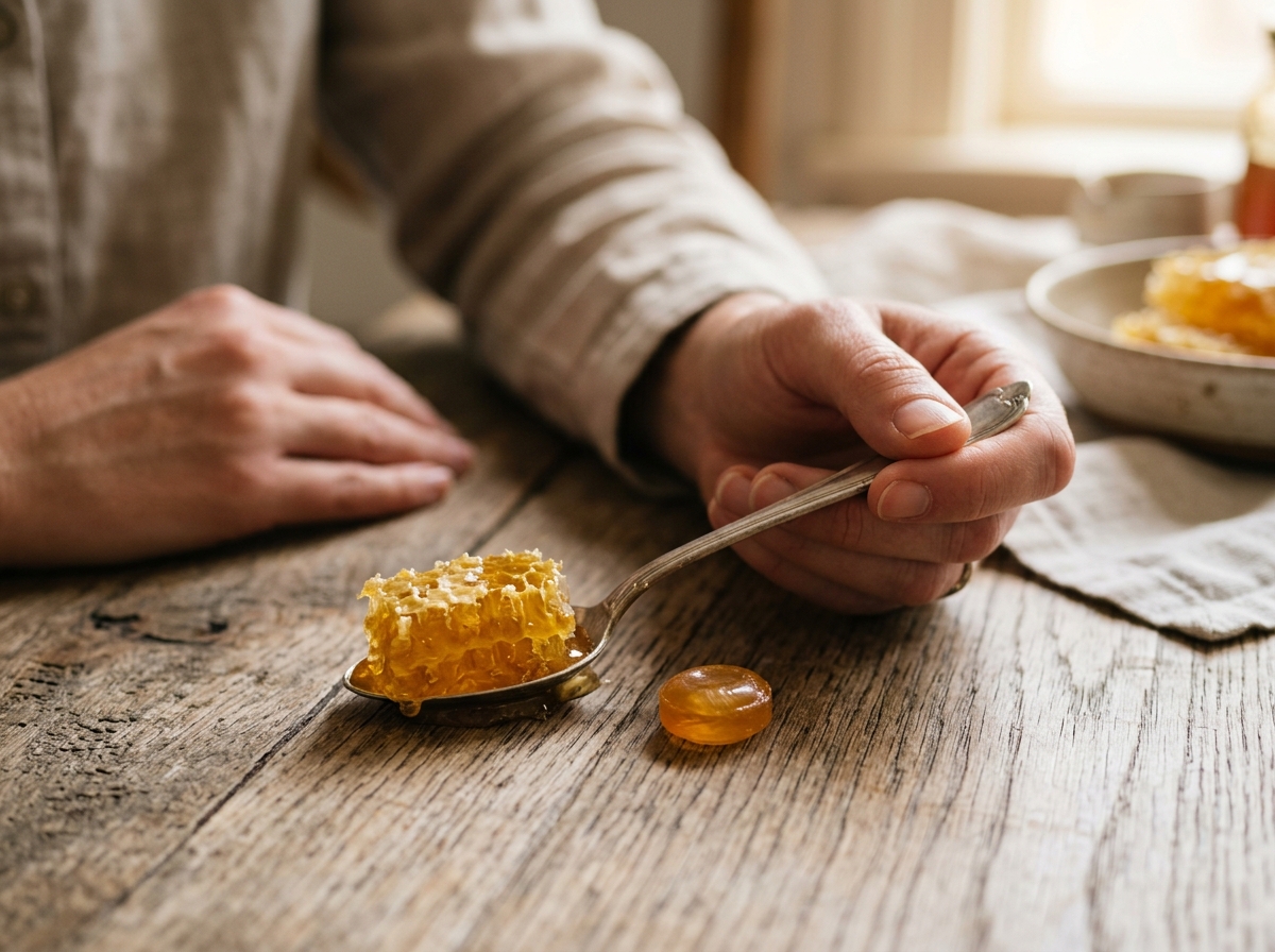 Close-up hand holding spoon of raw honeycomb honey beside a hard candy lozenge on wood table