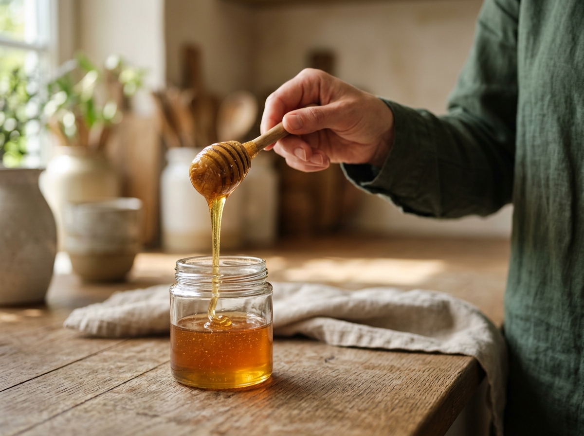 Close-up of thick raw honey slowly pouring from a wooden dipper into a glass jar