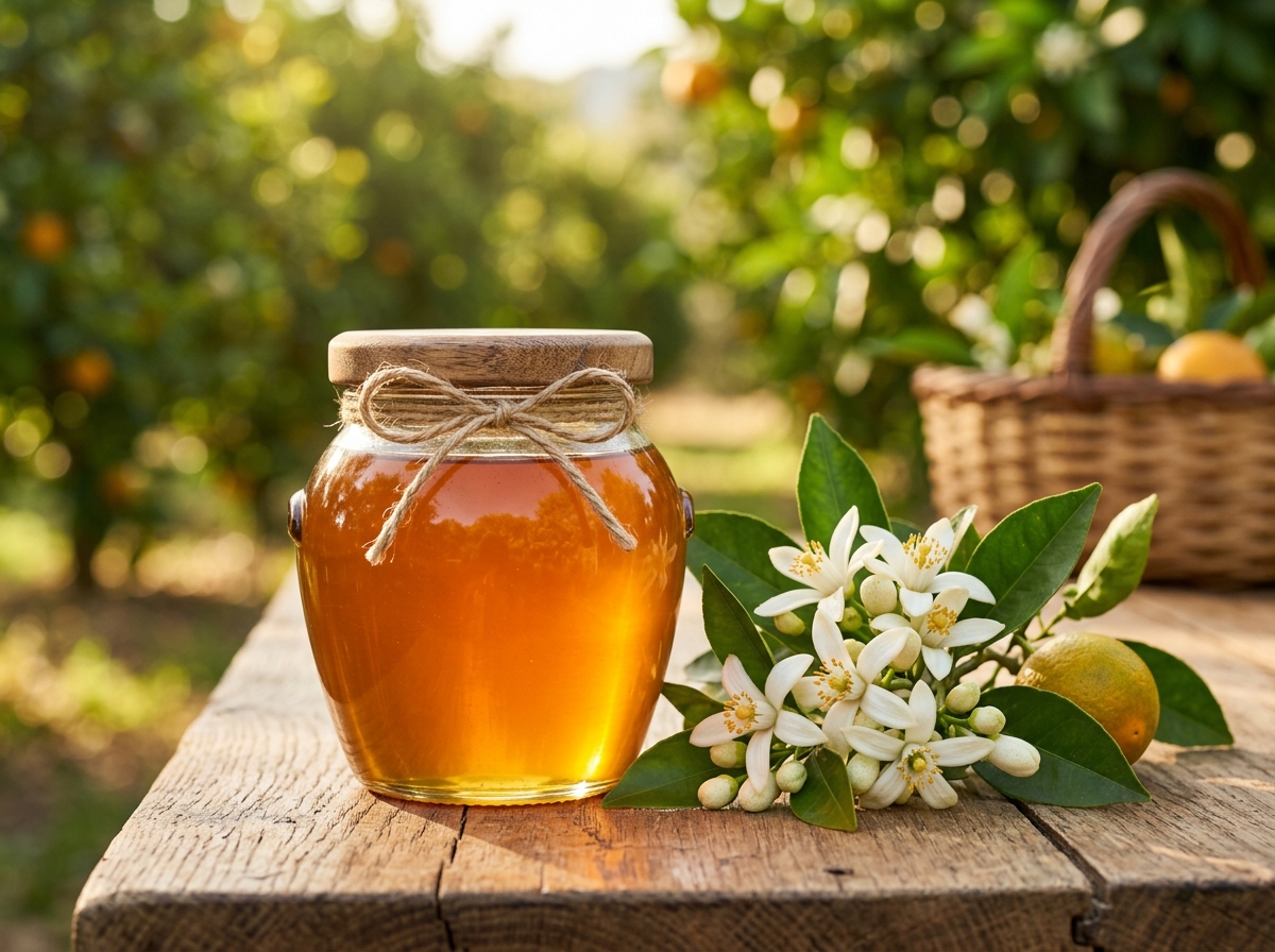 Sunlit jar of amber Orange Blossom Honey beside orange tree blossoms on a rustic farm table