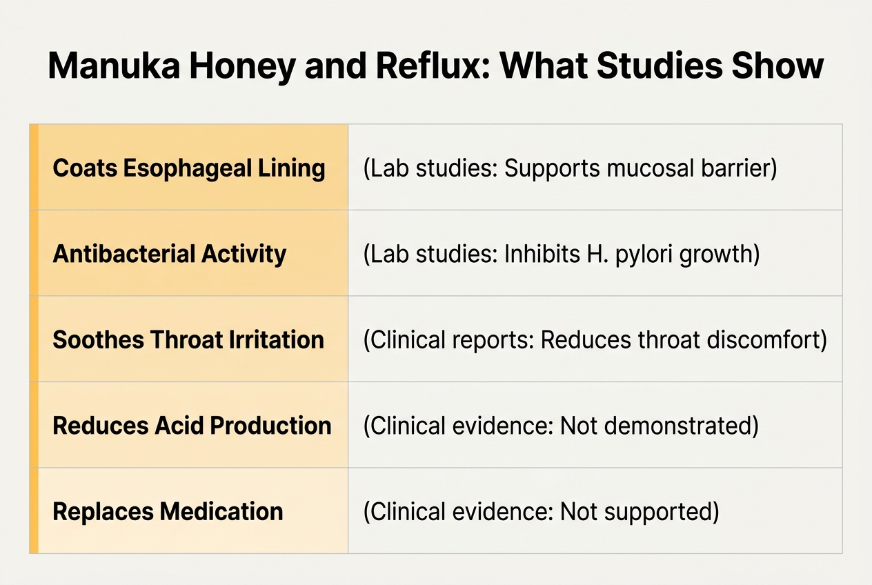 Infographic: Chart titled 'Manuka Honey and Reflux: What Studies Show'