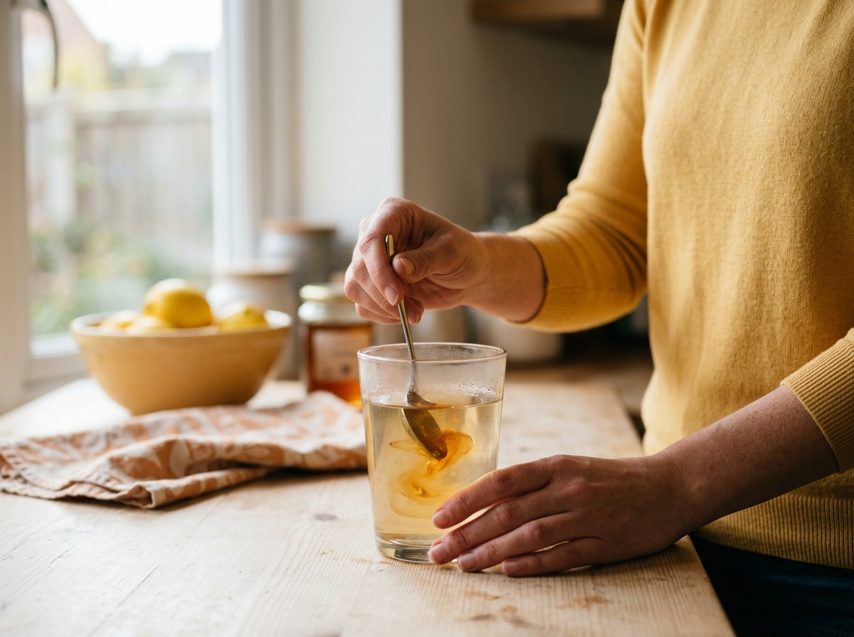 Hand stirring small spoon of raw honey into warm water glass on counter