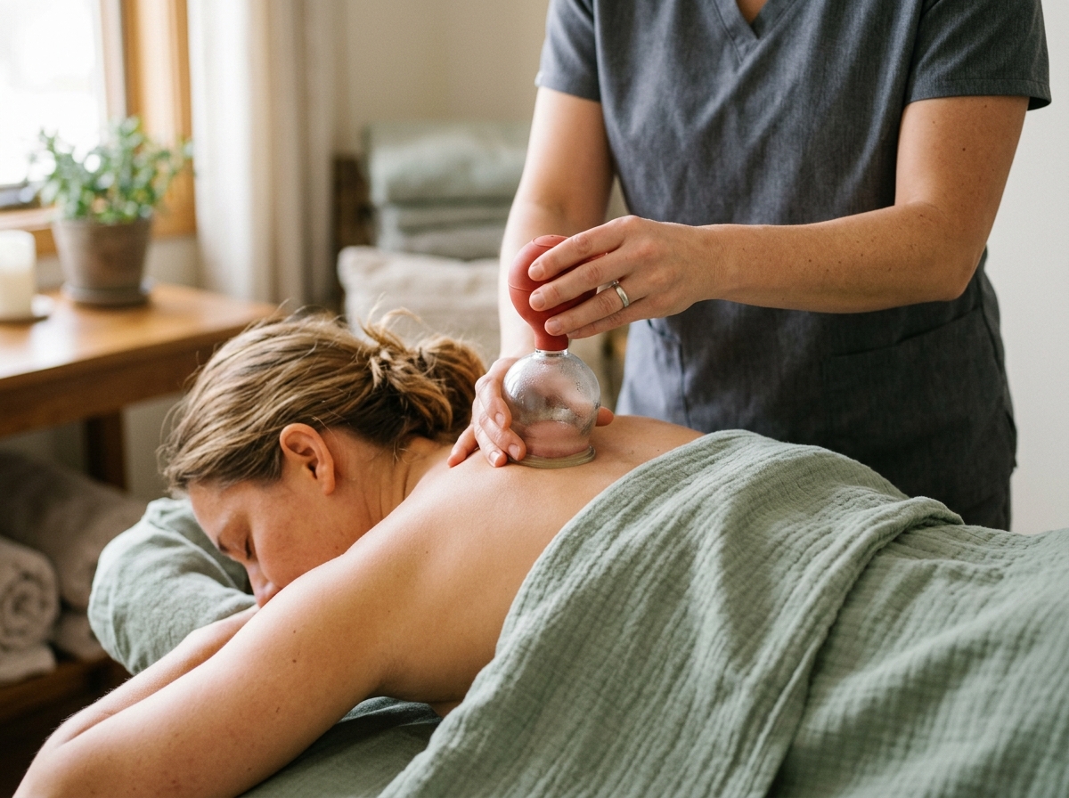Close-up of therapist's hands squeezing rubber pump atop a glass cup on bare shoulder skin