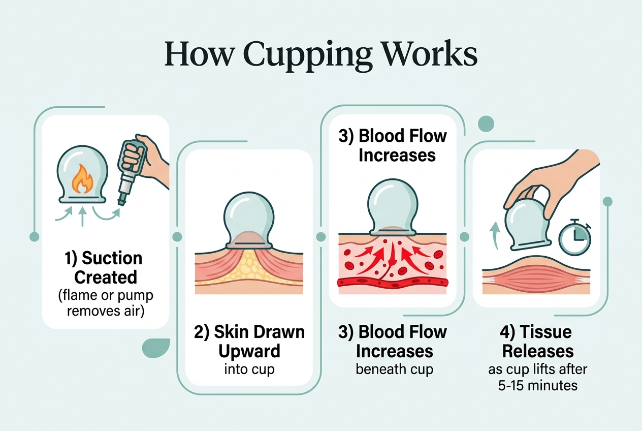 Infographic: A 4-step process flow titled How Cupping Works: 1) Suction Created (flame or pump removes air) 2) Skin Drawn
