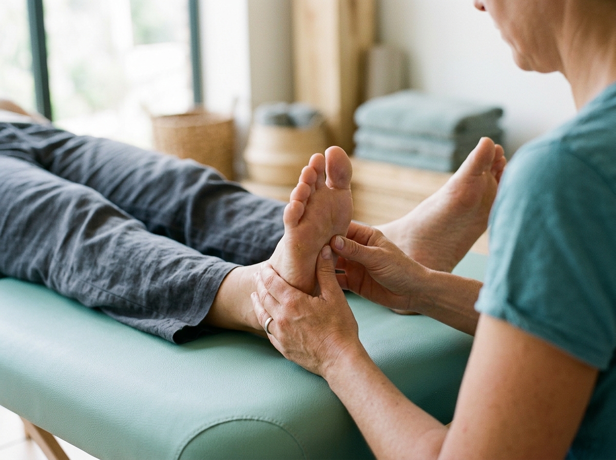 Close-up of thumbs applying firm pressure to a bare foot's reflexology points on cushioned mat