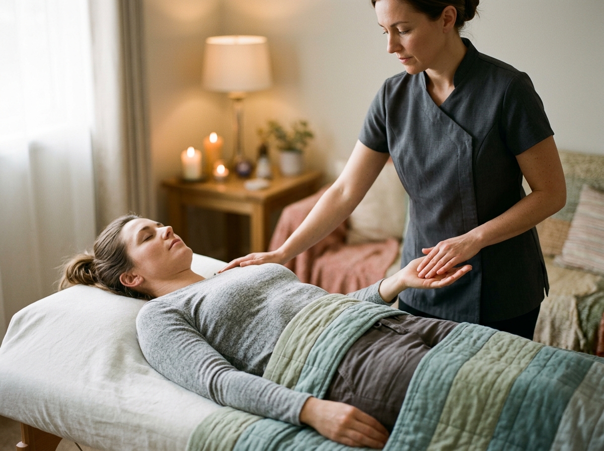 Client lying face-up fully clothed as therapist presses palm points, dim candlelit massage room