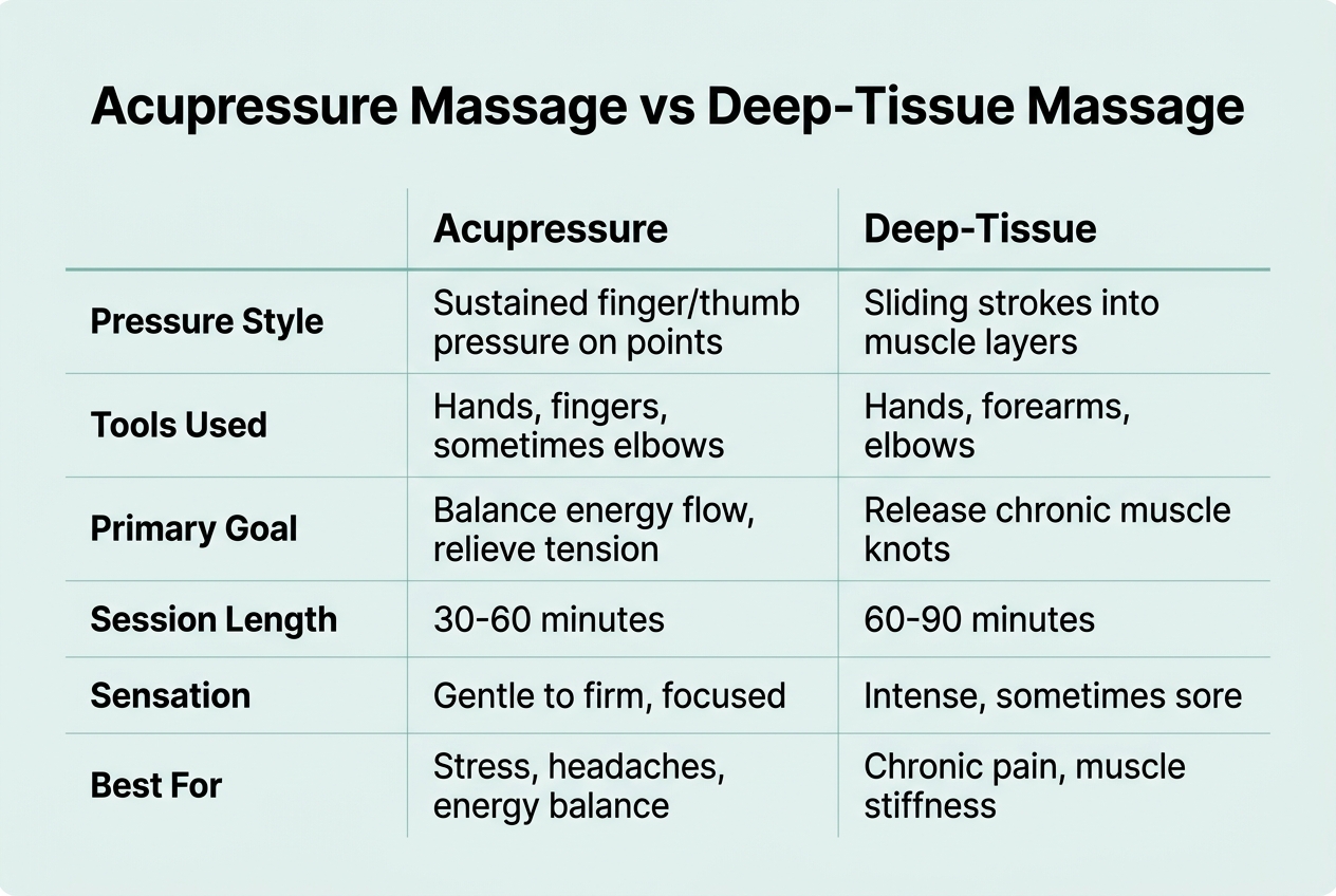 Infographic: Comparison table titled 'Acupressure Massage vs Deep-Tissue Massage'