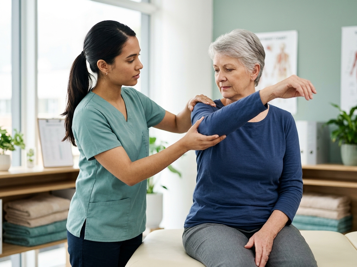 Clinician reviewing a patient's shoulder mobility before beginning targeted massage treatment