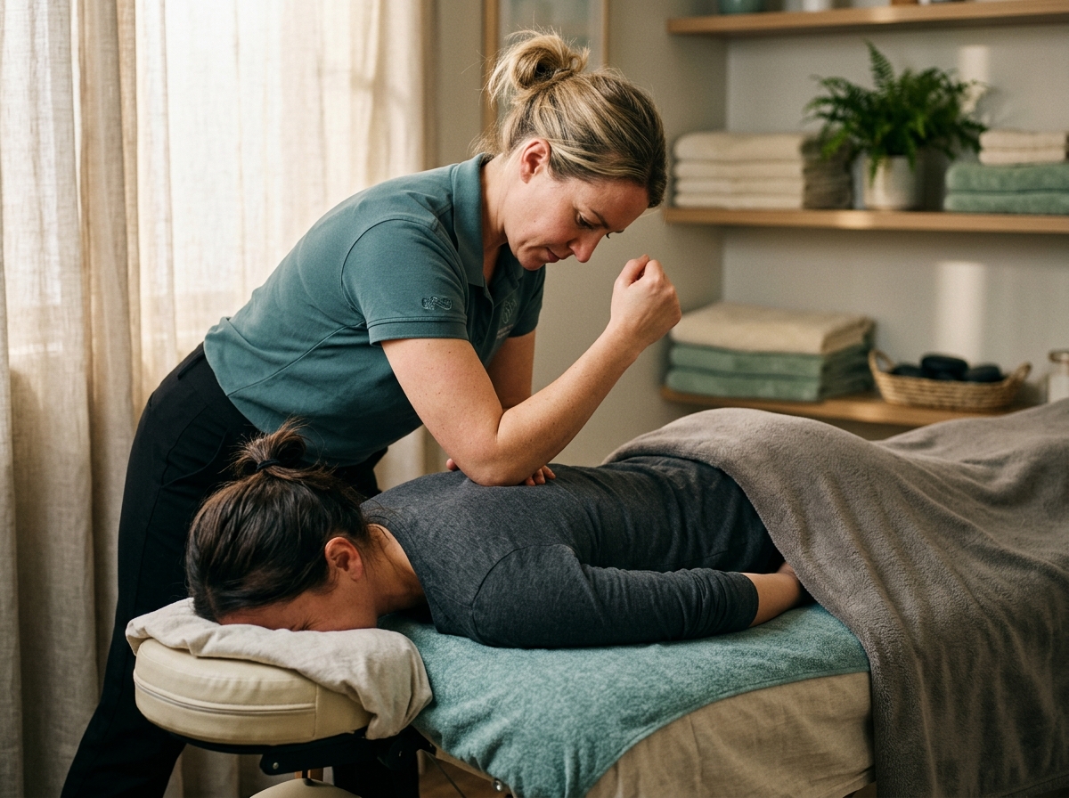 Therapist using elbow to apply deep tissue pressure along a client's upper back muscles