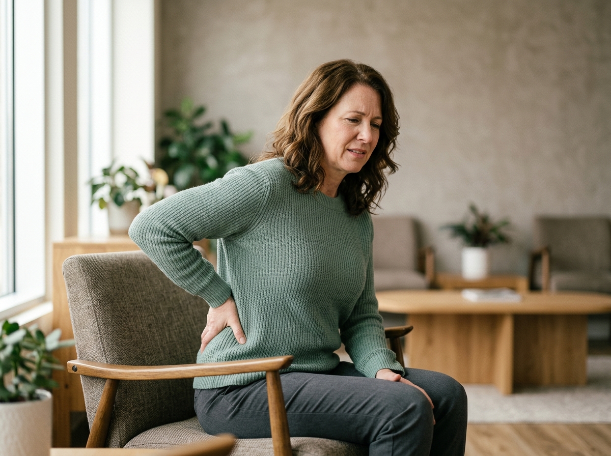 Clothed client pressing hand to lower back, wincing slightly, seated in calm waiting area