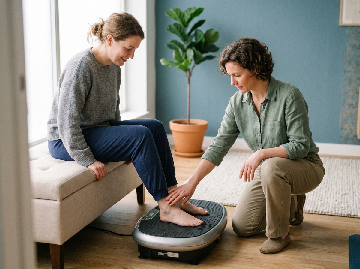 Therapist guiding client's feet onto sonic vibration table, both fully clothed, attentive expression