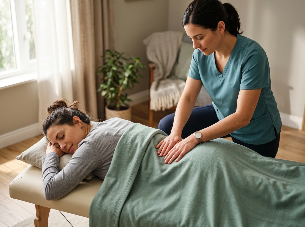 Therapist gently massaging new mother's lower back to relieve postpartum tension and soreness