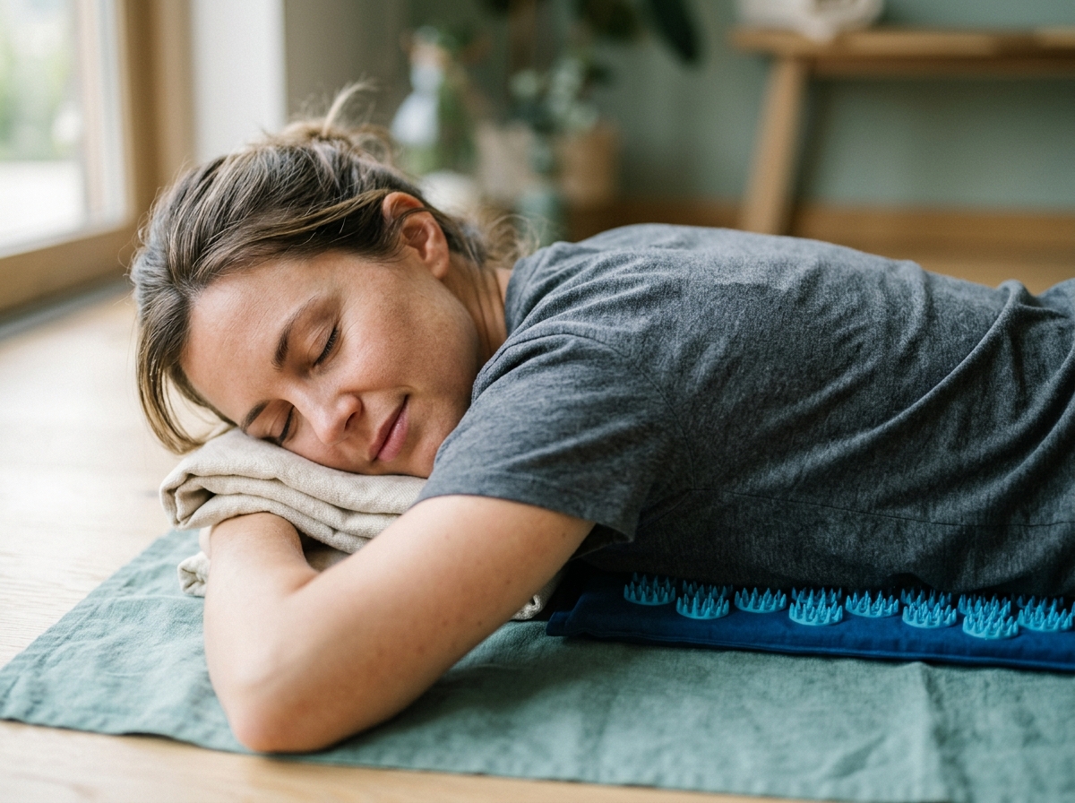 Close-up of a woman's bare shoulders pressing gently into mat spikes, eyes closed, relaxed