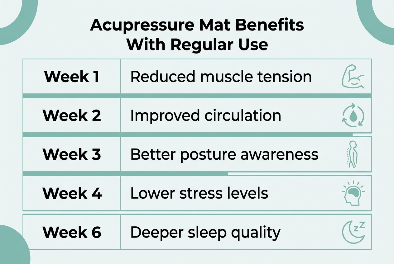 Infographic: Chart titled 'Acupressure Mat Benefits With Regular Use'