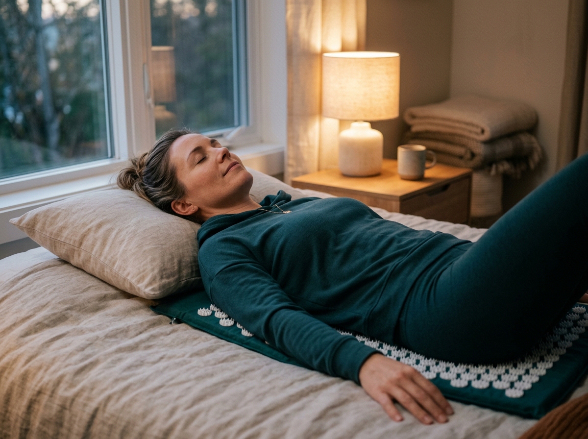Woman lying on acupressure mat at dusk, soft lamp light, serene expression before sleep