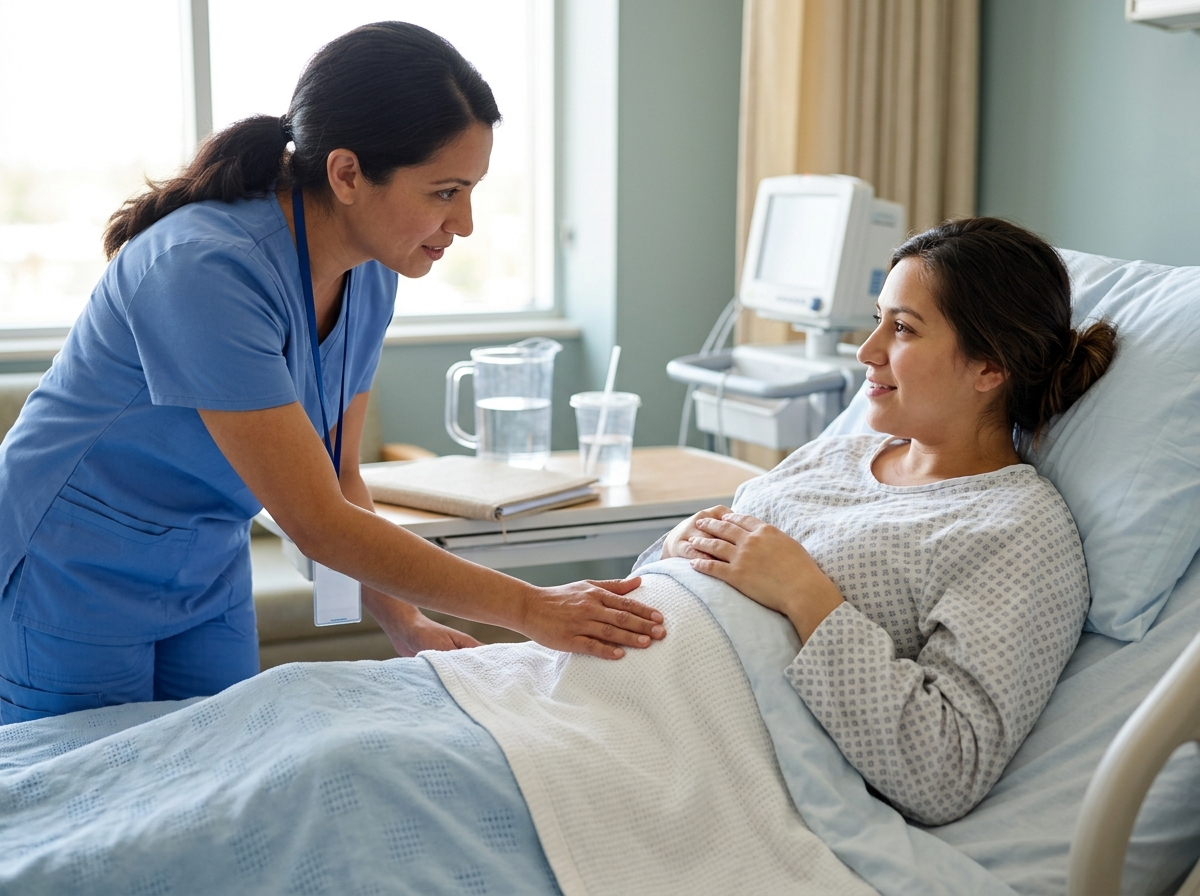 Clinician checking uterine firmness on reclined patient, hospital bed, clipboard nearby, soft daylight